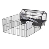 PawHut Rolling Metal Rabbit, Guinea Pig, or Small Animal Hutch Cage with Main House and Run