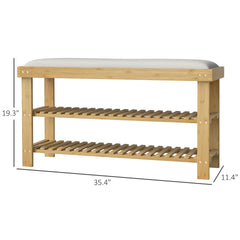 HOMCOM Bamboo Shoe Storage Bench, 3-Tier Entryway Bench with Cushion, Shoe Organizer for Entryway, Hallway, Natural