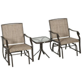 Outsunny 3 Piece Outdoor Glider Chair with Coffee Table Bistro Set, 2 Patio Rocking Swing Chairs with Breathable Sling Fabric, Glass Tabletop, for Backyard, Garden and Porch, Mixed Brown