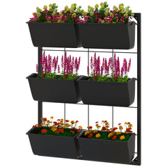 Outsunny 3-Tier Hanging Planter with 6 Pots for Indoor and Outdoor Use, Wall Planter, Self Draining & Wall Mounted, Black