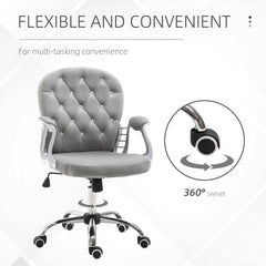 Vinsetto Velvet Home Office Chair, Button Tufted Desk Chair with Padded Armrests, Adjustable Height and Swivel Wheels, Gray