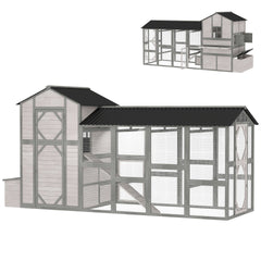 PawHut 147" Extra Wooden Large Chicken Coop with Run for 8–10 Hens, Predator-Proof Mesh, Gray