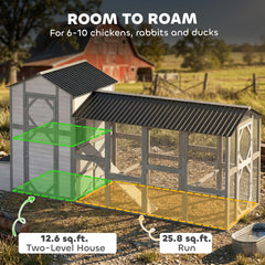 PawHut 147" Extra Wooden Large Chicken Coop with Run for 8–10 Hens, Predator-Proof Mesh, Gray