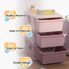 Qaba 3 Tier Kids Storage Unit, 3 Drawer Chest Toy Organizer Plastic Bins for Kids Bedroom Nursery Kindergarten Living Room for Boys Girls Toddlers, Pink