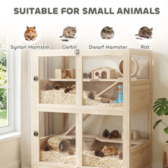 PawHut Wooden Hamster Cage, 4 Tier Small Animal Cage with Mesh Flip Roof, Pull-Out Tray, Huts, Seesaws, Ramps and Water Bottles
