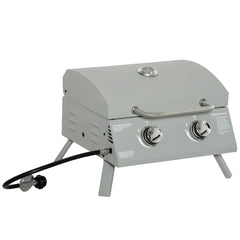 Outsunny 2 Burner Folding Tabletop Gas BBQ Grill w/ Lid, Thermometer, Carbon Steel, Gray