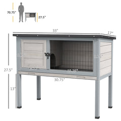 PawHut Elevated Rabbit Hutch, Wooden Bunny Cage with Hinged Asphalt Roof and Removable Tray, for Indoor/Outdoor, Gray