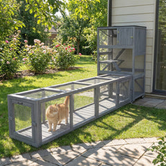 PawHut Wooden Cat Run with Weather Protection, Connecting Inside and Outside, 79"L x 15"W x 15"H, Dark Gray