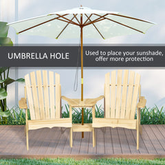 Outsunny Fire Pit Seating, 2 Wooden Adirondack Chairs with Outdoor Table & Umbrella Hole, Wood 2 Person Adirondack Bench, Natural