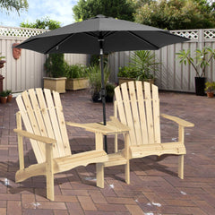 Outsunny Fire Pit Seating, 2 Wooden Adirondack Chairs with Outdoor Table & Umbrella Hole, Wood 2 Person Adirondack Bench, Natural