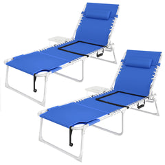Outsunny Tanning Chair Set of 2 with Face Hole and Side Table, 5-Position Folding Outdoor Chaise Lounge Chair, Navy Blue