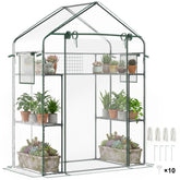 Outsunny Outdoor Walk-in Mini Greenhouse with Mesh Door & Windows, Small Portable Garden Green House with 3 Tiers 6 Shelves, Trellis, & Plant Labels