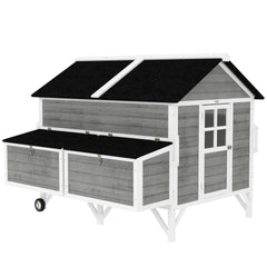 PawHut 59" Wooden Chicken Coop w/ Wheels, Handles, 2 Nesting Boxes, 2 Trays, 4 Perches, Chicken Tractor for 4-6 Chickens, Gray
