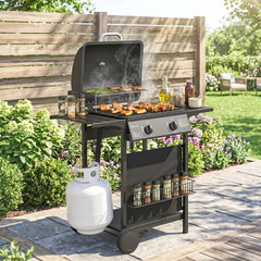 Outsunny 2 Burner Propane Gas Grill, 18000 BTU BBQ Grill with Wheels, Warming Rack, Shelf, Thermometer, Grease Cup, Black