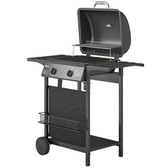 Outsunny 2 Burner Propane Gas Grill, 18000 BTU BBQ Grill with Wheels, Warming Rack, Shelf, Thermometer, Grease Cup, Black