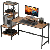 HOMCOM Computer Desk, 67" CPU Desk with Monitor Stand, Reversible 4-Tier Shelf, Industrial Writing Desk for Study Room, Brown