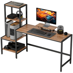 HOMCOM Computer Desk, 67" CPU Desk with Monitor Stand, Reversible 4-Tier Shelf, Industrial Writing Desk for Study Room, Brown