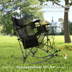 Outsunny Folding Rocking Camping Chairs, Portable Chairs with Headrest, Cooler Bag, Cup Holder, Carry Bag, 2 Pack, Black