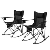 Outsunny Folding Rocking Camping Chairs, Portable Chairs with Headrest, Cooler Bag, Cup Holder, Carry Bag, 2 Pack, Black