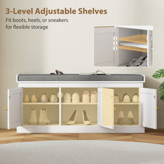HOMCOM Shoe Storage Bench with Woven Rattan Doors, Shoe Bench with Cushion, Adjustable Shelves, Entryway Bench, White