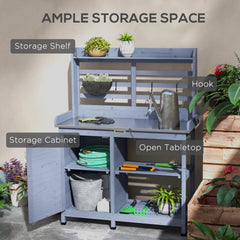 Outsunny Wooden Potting Bench with Storage, Aluminum Tabletop for Backyard, Patio, Balcony, Gray