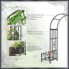 Outsunny 6.7' Steel Garden Arch Arbor with Scrollwork Hearts, Planter Boxes for Climbing Vines, Ceremony, Weddings, Party, Backyard, Lawn, Dark Gray