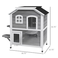 PawHut 2-story Cat House Outdoor, Weatherproof Wooden Cat Enclosure for Feral Cats with Escape Door, Openable Roof, Jumping Platforms, Gray