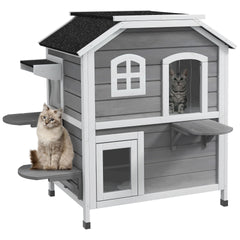 PawHut 2-story Cat House Outdoor, Weatherproof Wooden Cat Enclosure for Feral Cats with Escape Door, Openable Roof, Jumping Platforms, Gray