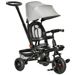 Qaba Kids Tricycle, 4 in 1 Foldable Trike with Reversible Seat, Adjustable Parent Handle, Safety Harness, Wheel Brakes, Removable Canopy, Storage, Tricycle for Toddlers 1-5 Years, Gray