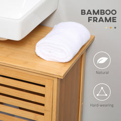 kleankin Freestanding Bathroom Sink Cabinet, Bamboo Under Sink Cabinet Cupboard Organizer with 2 Slatted Doors, Natural