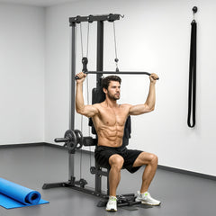 Soozier Lat Pull Down Machine, High / Low Pulley Machine with Adjustable Seat and Flip-Up Footplate, Black