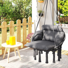 Outsunny Hammock Swing Chair, Macrame Hanging Chair with Large Cushion, Chain, Steel Frame for Indoor Outdoor Use, Dark Gray