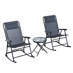 Outsunny Outdoor Folding Rocking Chair Patio Table Seating Set, 2 Rocking Chairs with Armrests and 1 Side Table with Tempered Glass - Gray