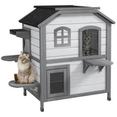 PawHut Wooden 2-Story Outdoor Cat House, Feral Cat Shelter Kitten Condo with Openable Asphalt Roof and 4 Platforms, White