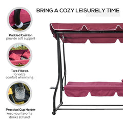 Outsunny 3-Seat Outdoor Patio Swing Chair, Converting Flatbed, Outdoor Swing Glider with Adjustable Canopy, Removable Cushion and Pillows, for Porch, Garden, Poolside, Backyard, Red