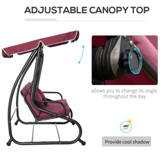 Outsunny 3-Seat Outdoor Patio Swing Chair, Converting Flatbed, Outdoor Swing Glider with Adjustable Canopy, Removable Cushion and Pillows, for Porch, Garden, Poolside, Backyard, Red