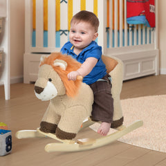 Qaba Baby Rocking Horse Lion with Sound, Plush Stuffed Rocking Animals, Wooden Rocking Horse with Seat Belt for 18-36 Months Boys and Girls Gift, Brown