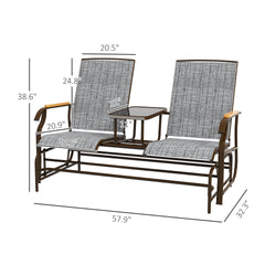 Outsunny Outdoor 2-Person Glider Bench, Outside Glider Swing Chair Loveseat with Table, Steel Frame, Gray