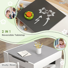 Qaba 3pc Kids Table and Chair Set with Reversible Tabletop Blackboard, Storage & Bookshelves, Gray