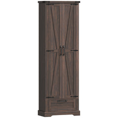 HOMCOM 71" Pantry Cabinet, Kitchen Storage Cabinet with Adjustable Shelves, Barn Doors and Drawer for Dining Room, Brown
