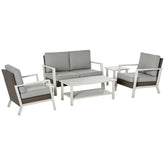 Outsunny Aluminum Patio Furniture Set, 5 Piece Modern Outdoor Conversation Set with Loveseat Sofa, Chairs, Cushions, Coffee Table & Side Table, Gray