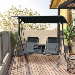 Outsunny 2-Seat Outdoor Porch Swing, with Pivot Storage Table, Cup Holder, & Adjustable Overhead Canopy, Stand's Skid-Resistant Feet Pad, Breathable Mesh Seat, Steel Frame, for Patio, Black