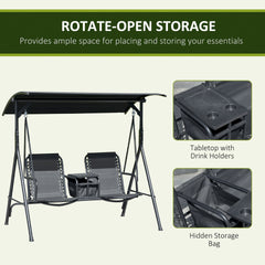 Outsunny 2-Seat Outdoor Porch Swing, with Pivot Storage Table, Cup Holder, & Adjustable Overhead Canopy, Stand's Skid-Resistant Feet Pad, Breathable Mesh Seat, Steel Frame, for Patio, Black