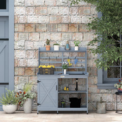 Outsunny Wooden Potting Bench with Storage, Sink, Water Tap for Backyard, Patio, Balcony, Gray