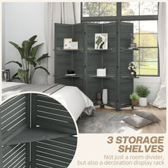 HOMCOM 5 Panel 67" Tall Wood Privacy Screen Room Divider with 3 Shelves and Folding Storage for Bedroom, Gray