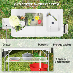 Outsunny Folding Fish Cleaning Table with Sinks, Portable Camping Sink Table with Faucet, Drainage Hose, Sprayer, Shelf, Drawer and Storage Basket, Outdoor Fillet Table for Picnic Beach Patio, White