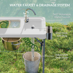 Outsunny Folding Fish Cleaning Table with Sinks, Portable Camping Sink Table with Faucet, Drainage Hose, Sprayer, Shelf, Drawer and Storage Basket, Outdoor Fillet Table for Picnic Beach Patio, White