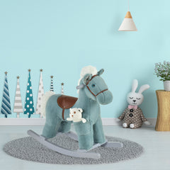 Qaba Kids Rocking Horse with Bear Toy, Plush Animal Rocker with Fun Realistic Sounds for Toddler 18-36 Months, Blue