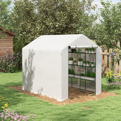 Outsunny Outdoor Walk-in Greenhouse with Roll-up Zipper Door, 18 Shelves, PE Cover, 95.25" x 70.75" x 82.75", White