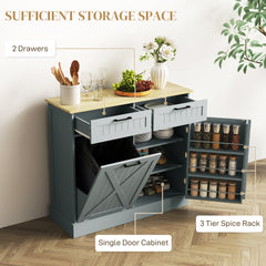 HOMCOM 10 Gallon Farmhouse Kitchen Cabinet with Hidden Trash Can and 2 Drawers, Tilt Out Trash Can Cabinet for Kitchen, Gray